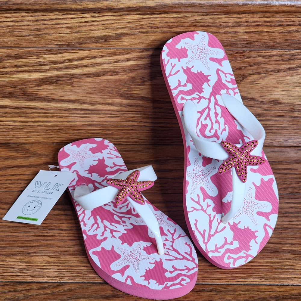 WLK By S.Miller Women's Pink and White Starfish Flip Flops Size 6 - Picture 6 of 6